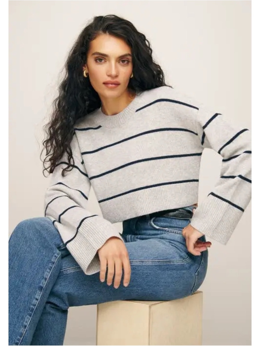 Reformation Paloma Striped Cropped Cashmere Crew Sweater Grey Navy Small